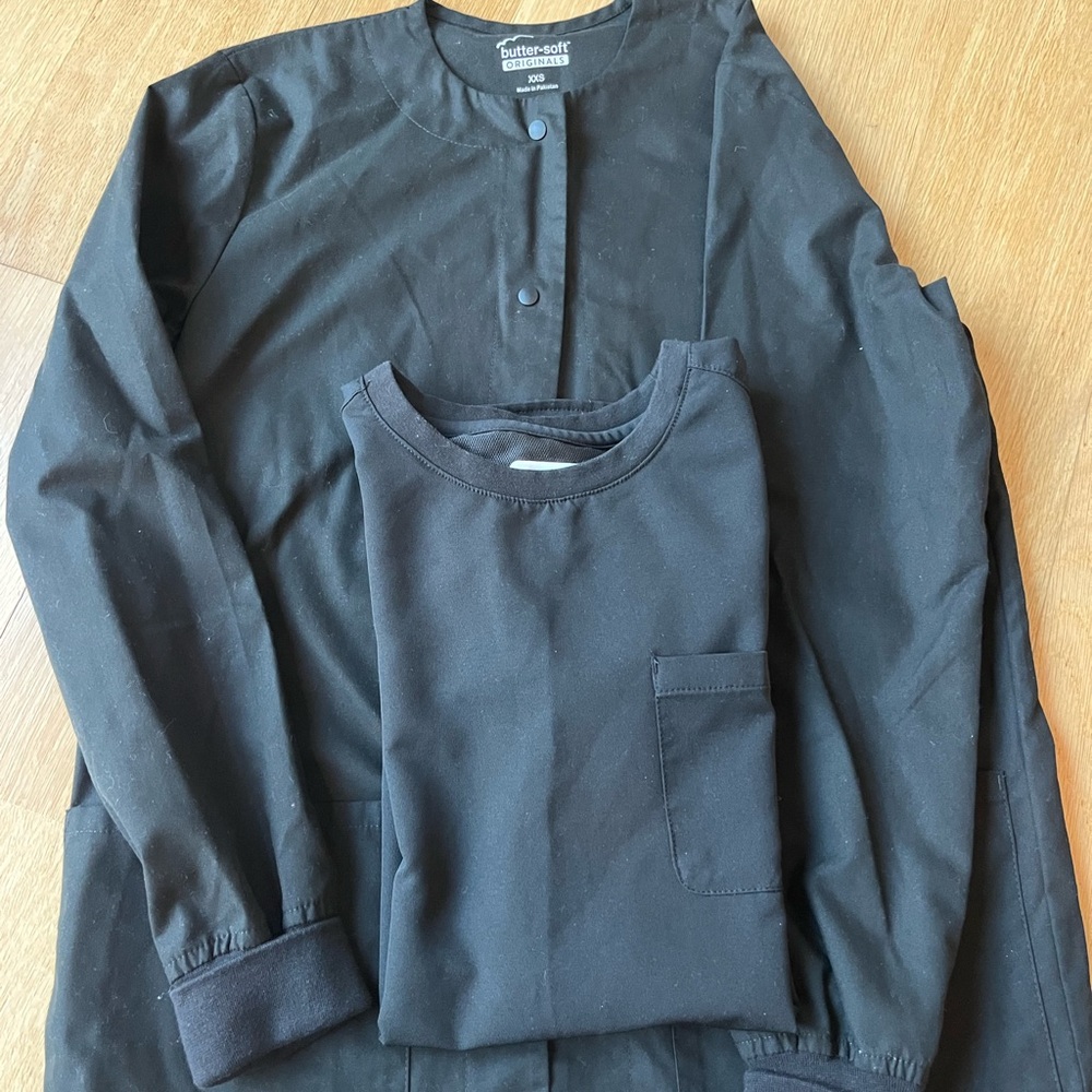Black scrub top and scrub jacket